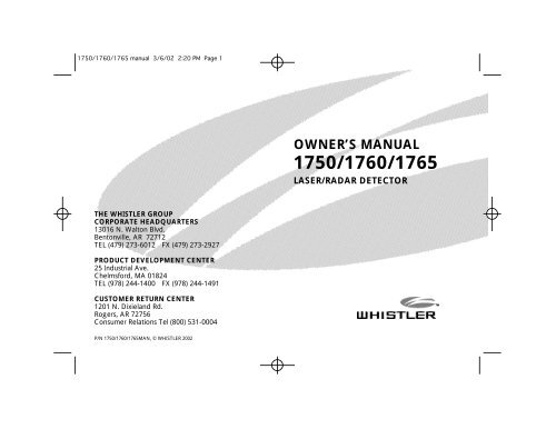 OWNER'S MANUAL 1750/1760/1765 - Whistler