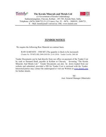 The Kerala Minerals and Metals Ltd TENDER NOTICE - Kmml.com