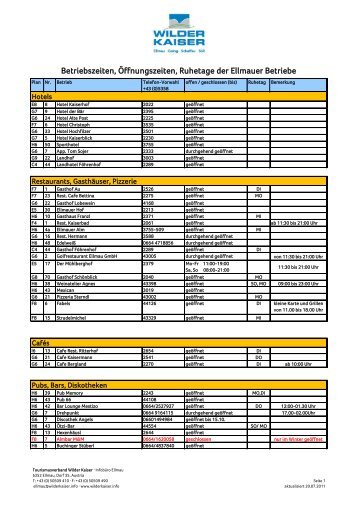 Betriebszeiten, Öffnungszeiten, Ruhetage der Ellmauer Betriebe