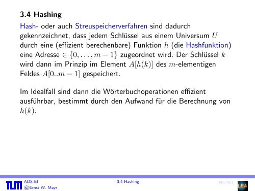 3.4 Hashing Hash- oder auch Streuspeicherverfahren sind dadurch ...