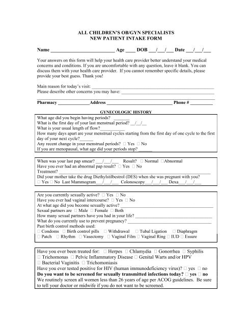 New Patient Intake Form - All Children's Hospital