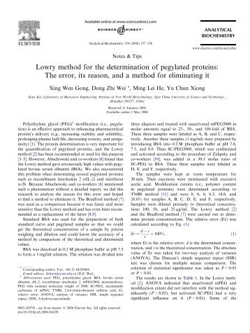 Lowry method for the determination of pegylated proteins: The error ...