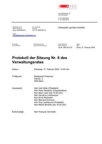 Protokoll der VR Sitzung Nr. 6 vom 17. Februar 2004 - swiss experts ...