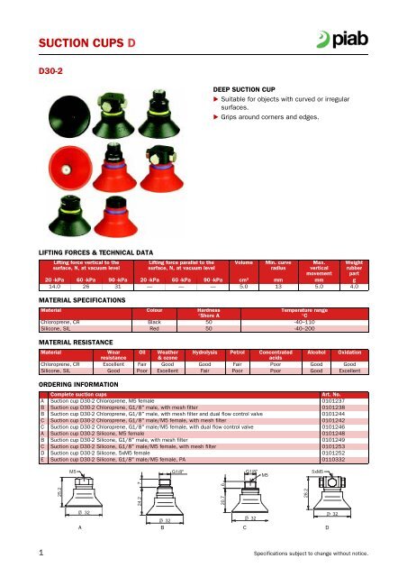 Piab suction cups D30-2 data sheet