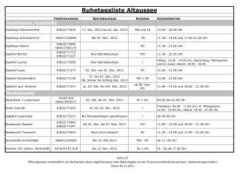 Ruhetagsliste Altaussee - Ausseerland Salzkammergut