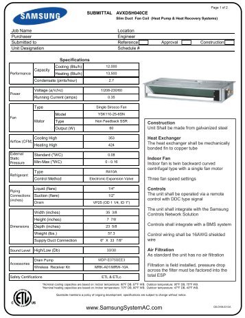 AVXDSH040CE Submittal pdf - Samsung System AC
