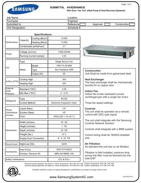 AVXDSH040CE Submittal pdf - Samsung System AC