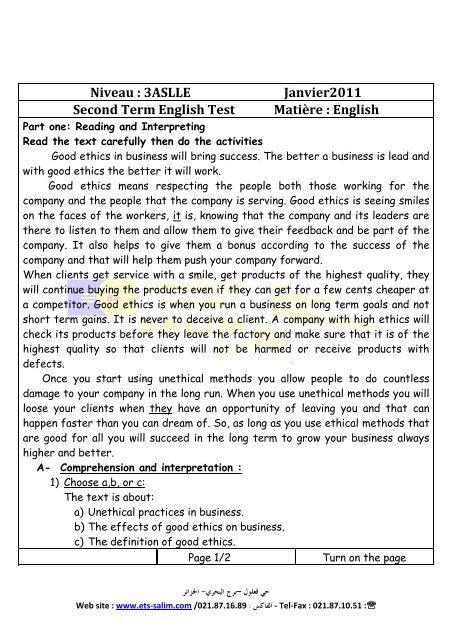 Niveau : 3ASLLE Janvier2011 Second Term English Test MatiÃ¨re ...