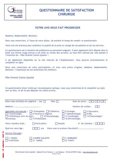 QUESTIONNAIRE DE SATISFACTION CHIRURGIE