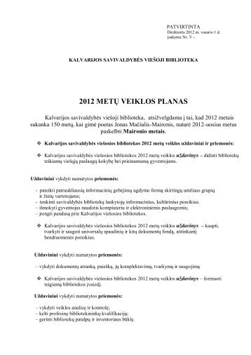 2012 metÃ…Â³ veiklos planas - Kalvarijos savivaldybÃ„Â—s vieÃ…Â¡oji biblioteka
