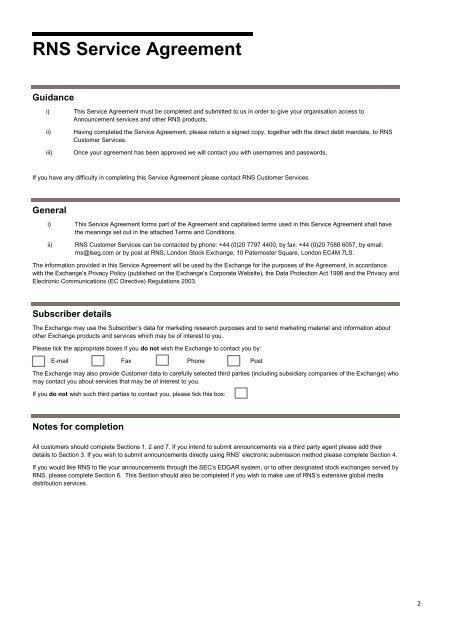 RNS Service agreement - London Stock Exchange