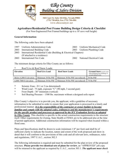 Residential Post Frame Building Design Criteria ... - Elko County