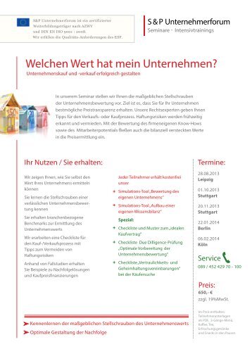 Welchen Wert hat mein Unternehmen? - SP-Unternehmerforum