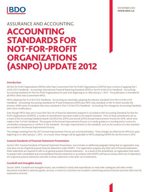Accounting Standards for Not-for-Profit Organizations - BDO Canada