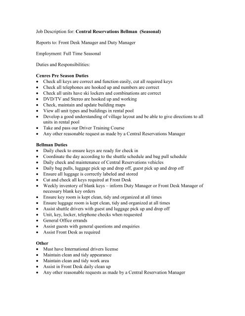 Job Description For Central Reservations Bellman Seasonal Owh