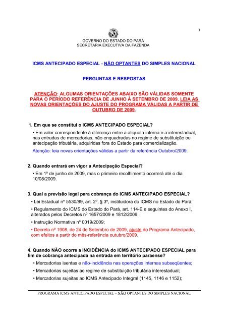 icms antecipado especial - Sefa - Governo do Estado do ParÃ¡