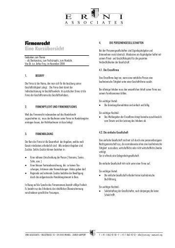 Firmenrecht, Gesellschaftsformen (pdf, 90kb) - Erni Associates Ltd.