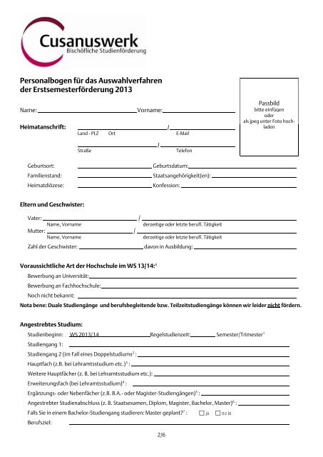 Bewerberinformationen Erstsemesterauswahl FH 2013 - Cusanuswerk