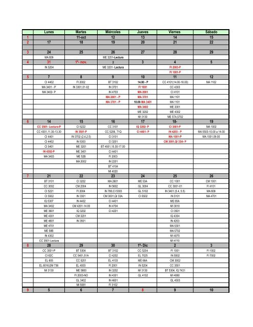 Calendario Controles Primavera 2011
