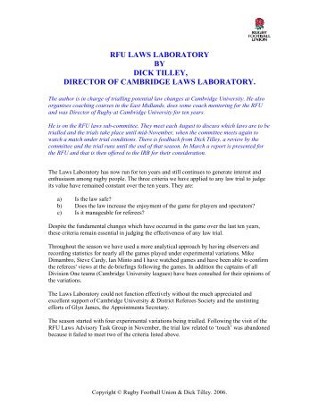 rfu laws laboratory by dick tilley, director of cambridge ... - RFU.com