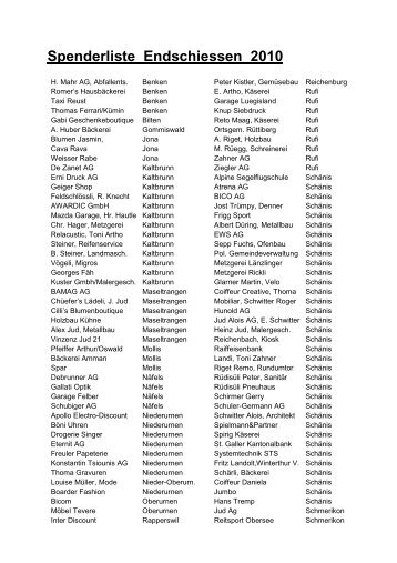 Spenderliste Endschiessen 2010 - MSV Rufi-Maseltrangen