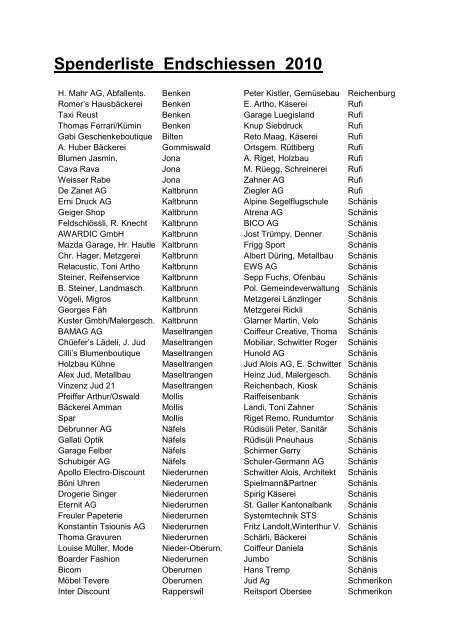 Spenderliste Endschiessen 2010 - MSV Rufi-Maseltrangen