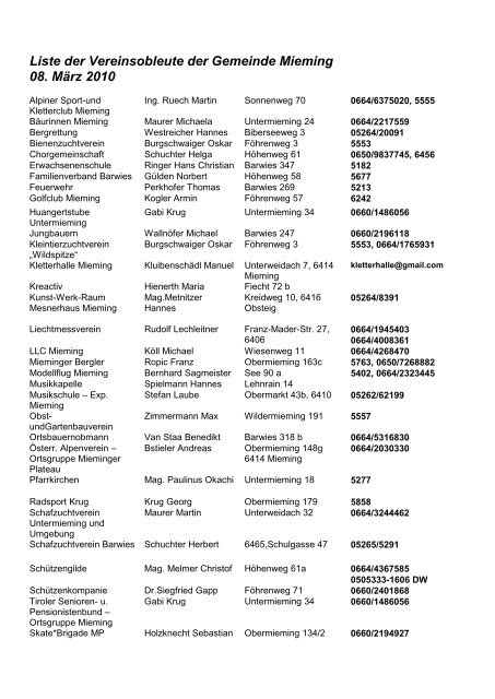 Liste der Vereinsobleute der Gemeinde Mieming 08. März 2010