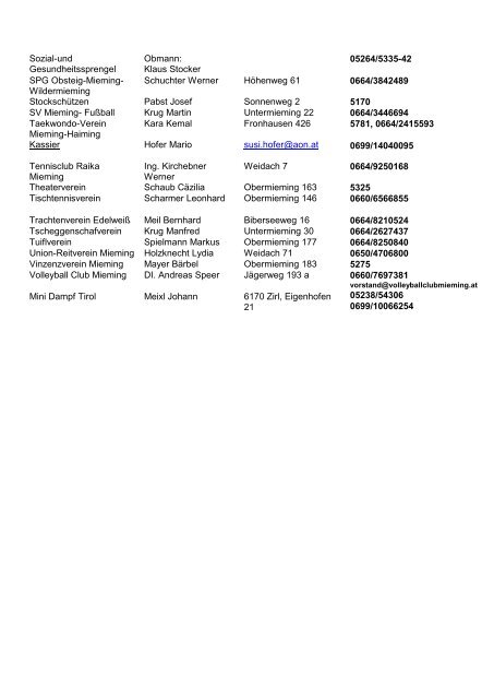 Liste der Vereinsobleute der Gemeinde Mieming 08. März 2010