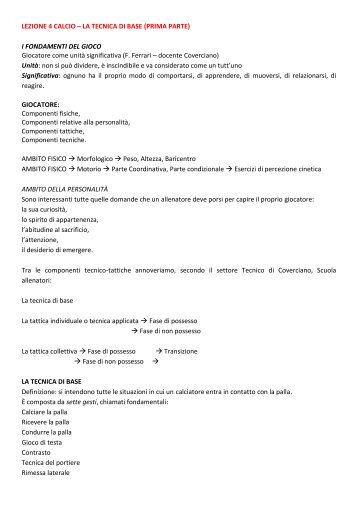 LEZIONE 4 CALCIO – LA TECNICA DI BASE ... - life and fitness