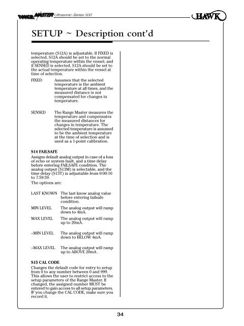 RangeMaster Ultrasonic Level Transmitter - Hawk Measurement ...