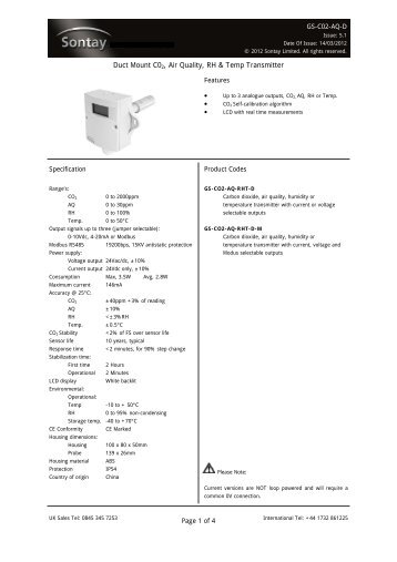 Duct Mount C02, Air Quality, RH & Temp Transmitter - Sontay