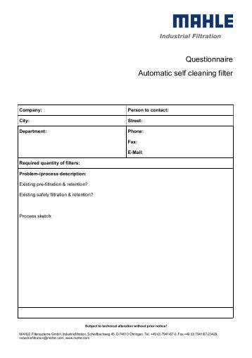 Questionnaire Automatic self cleaning filter - MAHLE Industry ...