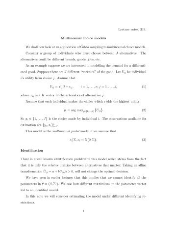 Lecture notes, 319. Multinomial choice models We shall now look at ...