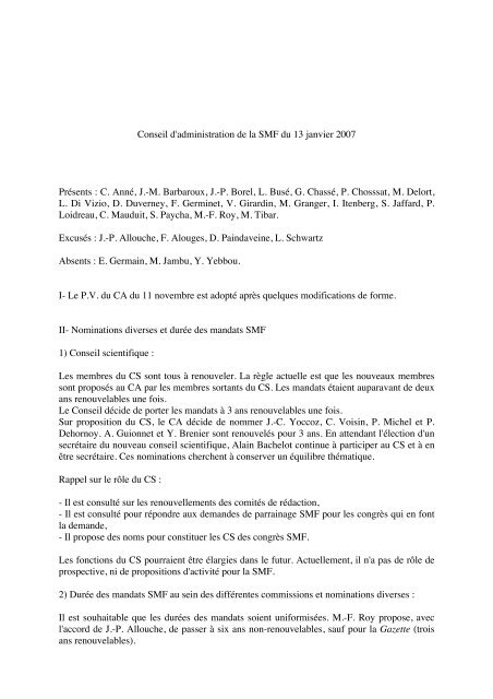 Conseil d'administration du 13 janvier 2007 - Publications de la SMF