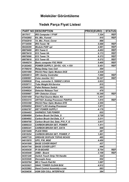 MolekÃ¼ler GÃ¶rÃ¼ntÃ¼leme Yedek ParÃ§a Fiyat Listesi - Siemens