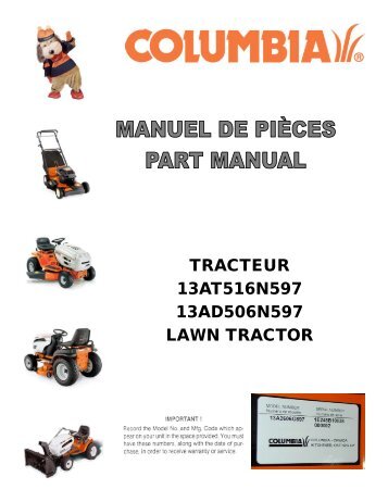 tracteur 13at516n597 13ad506n597 lawn tractor - Columbia