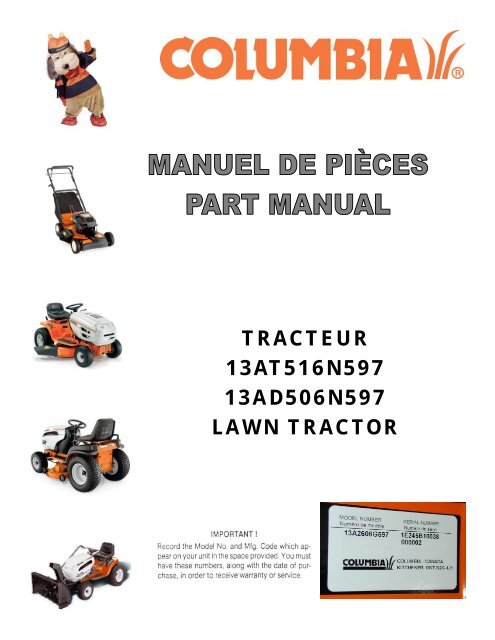 tracteur 13at516n597 13ad506n597 lawn tractor Columbia