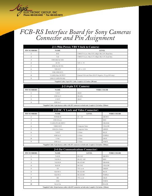 FCB-RS Interface Board for Sony Cameras Connector and Pin ...