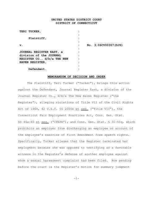 Tucker v. Journal Register East - Connecticut Employment Law Blog