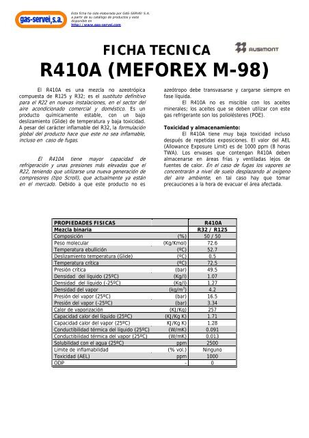 ficha tecnica r410a (meforex m-98) - Caloryfrio.com