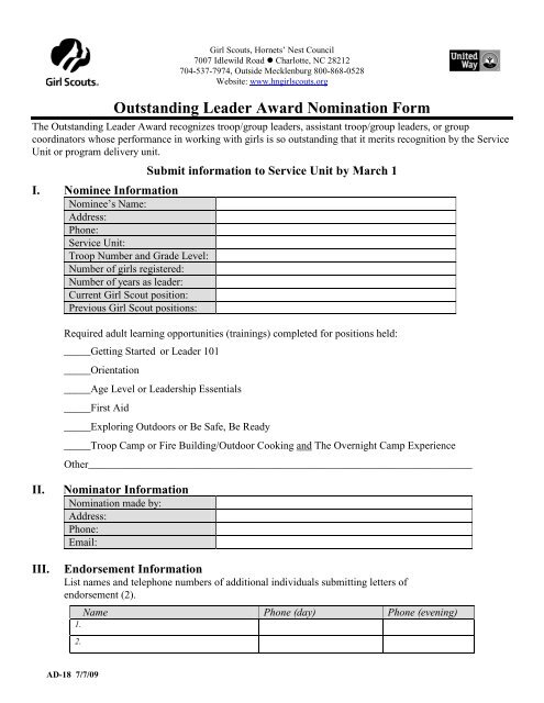 Outstanding Leader Award Nomination Form - the Girl Scouts ...