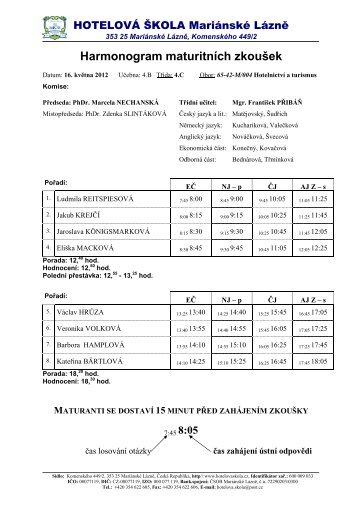 Harmonogram maturitních zkoušek - Hotelová škola Mariánské Lázně