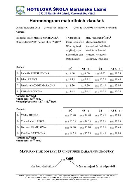 Harmonogram maturitních zkoušek - Hotelová škola Mariánské Lázně