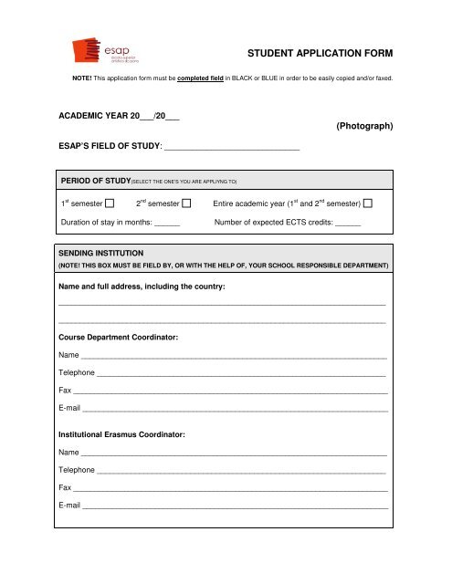 STUDENT APPLICATION FORM - ESAP