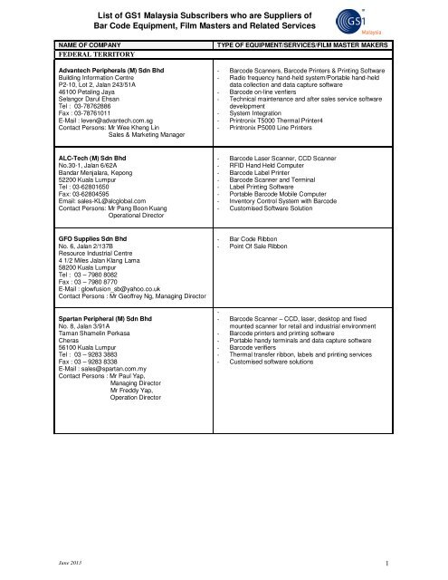 List of GS1 Malaysia Subscribers who are Suppliers of Bar Code ...