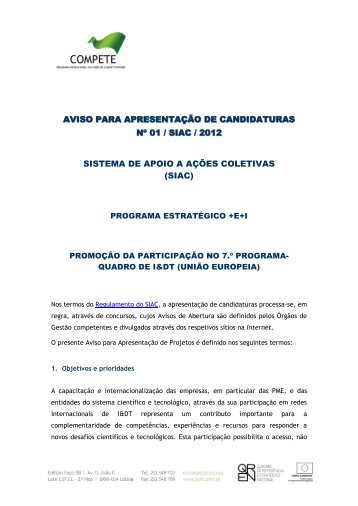 Aviso para Apresentação de Candidaturas N.º 01 - Compete - QREN