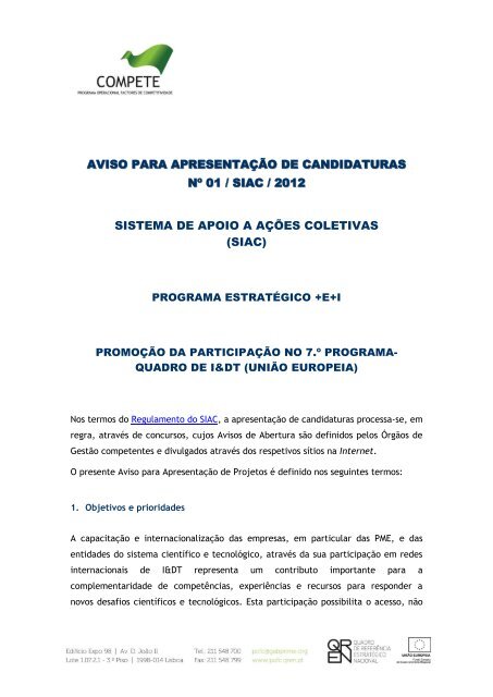 Aviso para Apresentação de Candidaturas N.º 01 - Compete - QREN