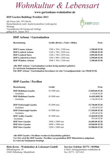 HSP Arbour / Gartenlauben - Gartenhaus-wohnkultur.de