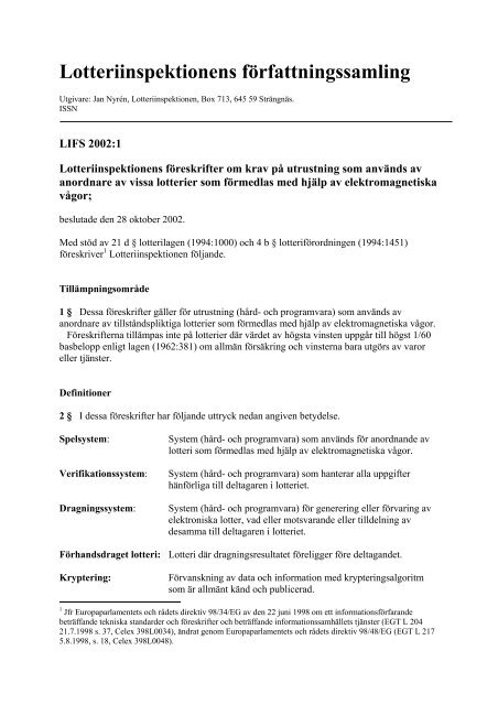 LIFS 2002:1 Lotteriinspektionens fÃ¶reskrifter EMV-lotterier