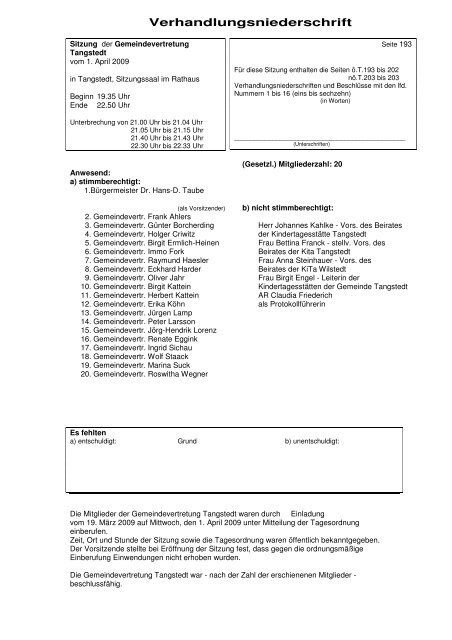 Verhandlungsniederschrift - Gemeinde Tangstedt